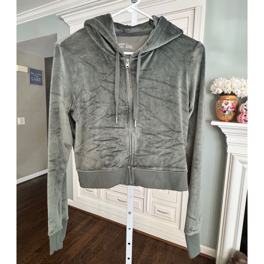 Aerie Real Good Dreamy Velour Cropped Zip Hoodie Women's M Sage Green